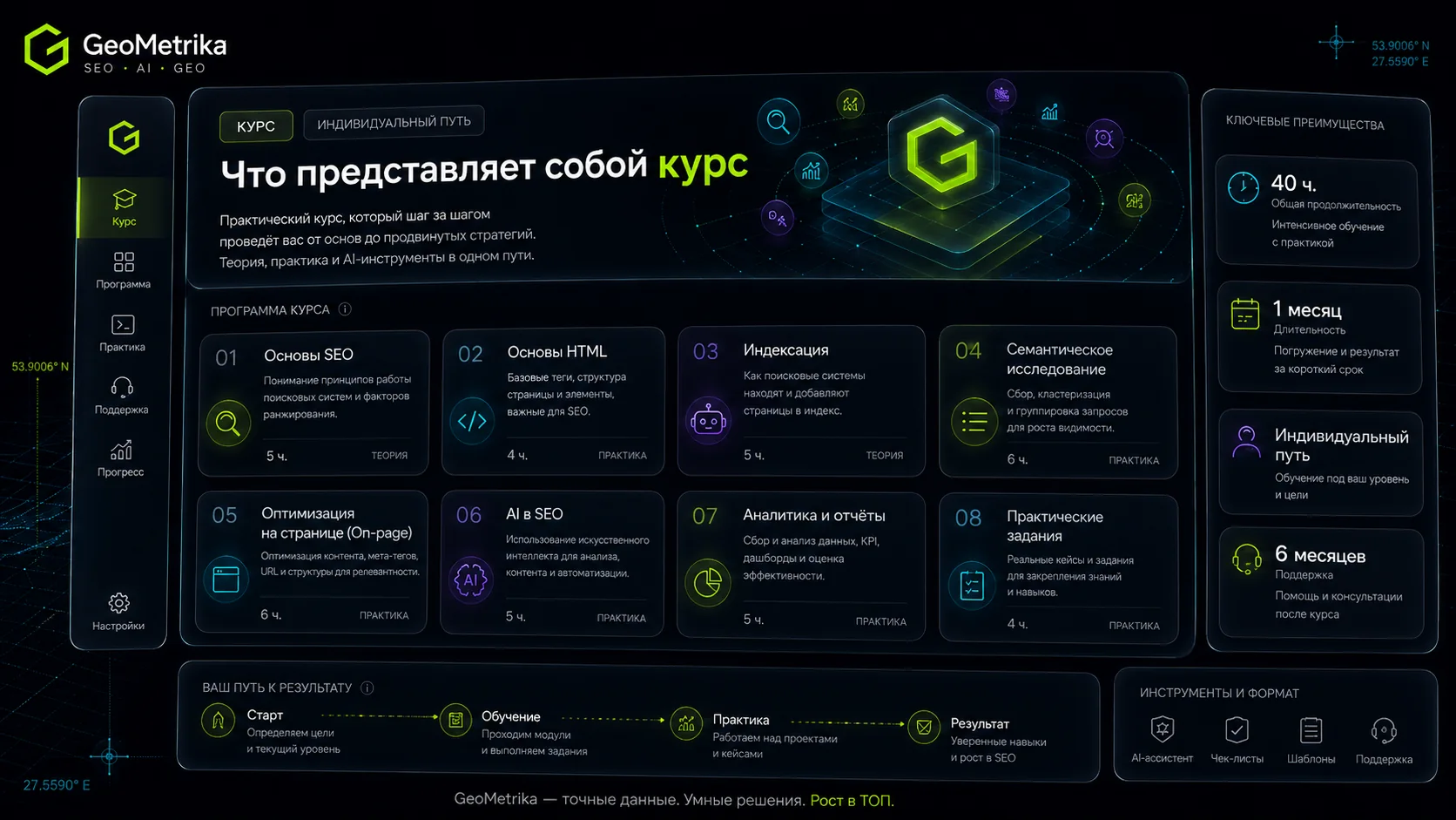 Обзор курса GeoMetrika: модули SEO, HTML, индексация, семантика, AI, аналитика и практика